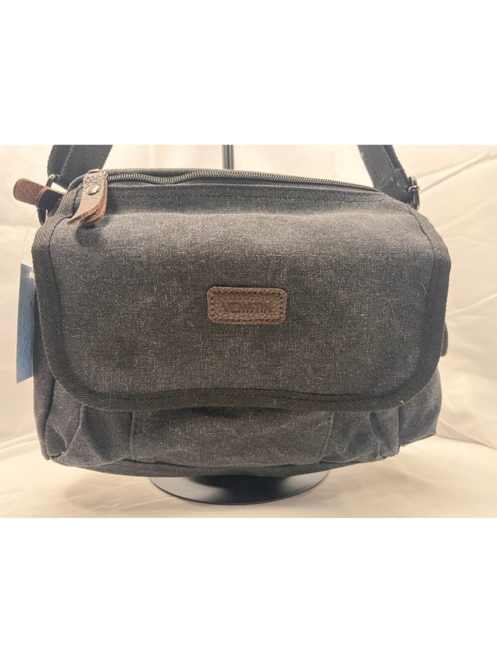 VENATIN Black Canvas Messenger Crossbody Bag NWT Multi Pocket